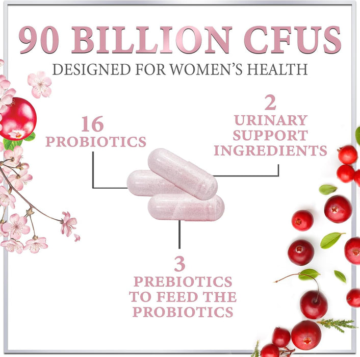 Probiotics for Women with Prebiotics - Womens Probiotic for Digestive, Vaginal, Urinary & Immune Health Support, 90 Billion CFU & 16 Diverse Strains, Cranberry & D-Mannose, Non-GMO