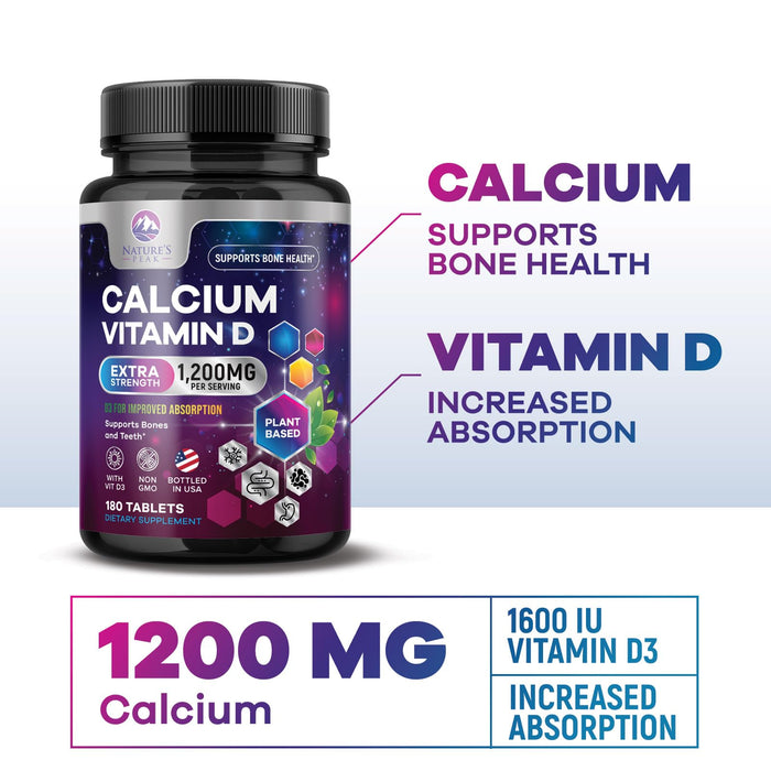 Calcium 1200 mg with Vitamin D3, Calcium Supplement Vitamins, Bone, Teeth & Immune Health Support, Calcium Supplements with D for Women & Men, Nature's Absorbable Calcium Carbonate - 180 Tablets