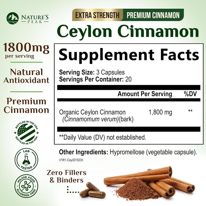 Organic Ceylon Cinnamon Capsules 1800mg - 3X Strength, Certified Organic Ceylon Cinnamon Powder Supplement - Metabolism Support, Antioxidant Pills, Gluten Free, Non-GMO, Bottled in USA - 60 Capsules