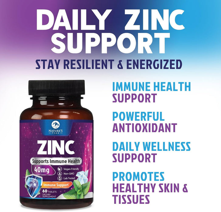 Zinc Supplement 40mg - Immune Support for Women & Men - High Potency Antioxidant, Chelated for Superior Absorption, Dietary Supplement Vitamin for Immune Health Support