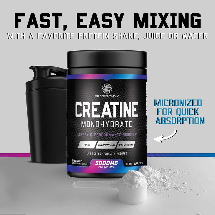 Creatine Monohydrate Powder 5000mg - Pure Micronized Creatine Mono Nutritional Supplement - Pre Workout for Energy & Muscle Support, Unflavored Monohydrate Powder, Bottled in USA - 60 Servings