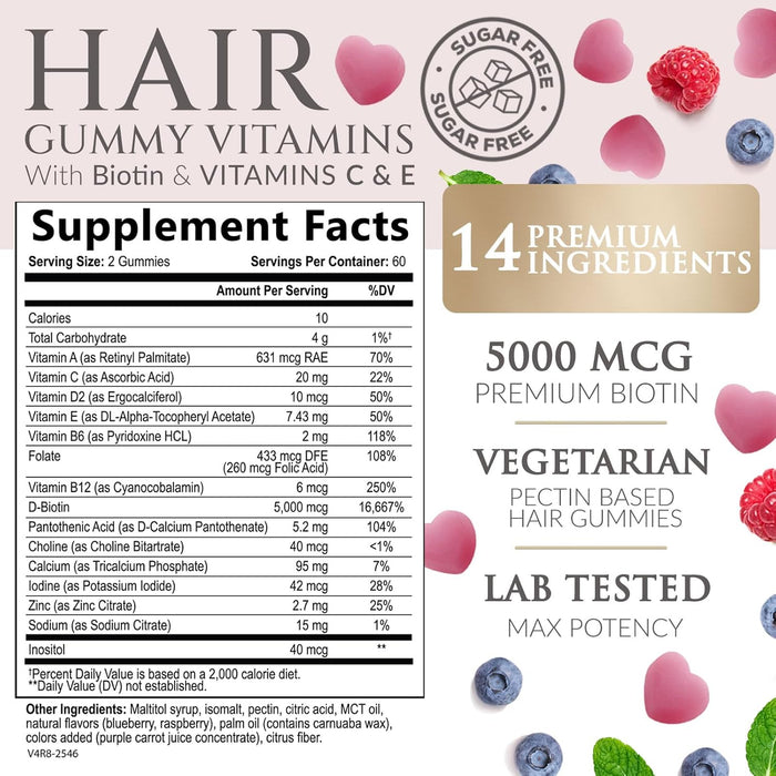 Hair Gummy Vitamins, Sugar Free with Biotin 5000 mcg, Vitamin A, B12, C, D, E, Folic Acid, Supports Hair Growth, Vegetarian Friendly, for Strong, Beautiful Hair and Nails, Non-GMO - 60 Gummies