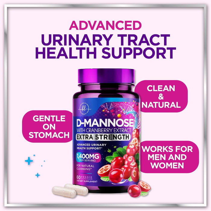 Organic D Mannose 1300mg per Serving Supplements - Extra Strength D-Mannose Capsules with Cranberry - for Natural Gentle Cleansing & Urinary Tract Health Support - Bottled in USA - 60 Capsules