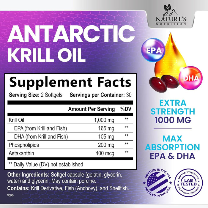 Krill Oil Omega 3 Supplement 1000 mg - Antarctic Krill Oil with Omega-3 EPA, DHA with Astaxanthin Sourced from Red Krill, Brain Health & Immune Support with Phospholipids - 30 Servings, 60 Softgels