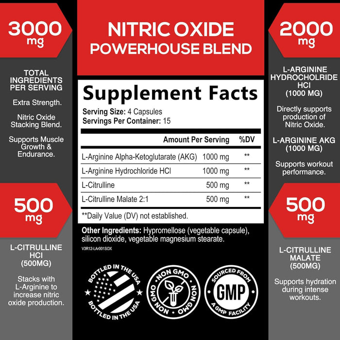 Extra Strength Nitric Oxide Supplement 3X Strength L Arginine, Citrulline Malate, AAKG, Beta Alanine - Premium Muscle Supporting Nitric Booster - Natural Energy & Heart Health Support - 60 Capsules