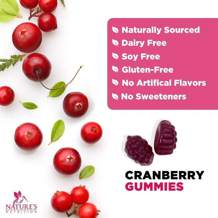 Nature's Nutrition Cranberry Urinary Tract Health Gummies + Vitamin C - 25,000mg - Triple Strength Cranberry Concentrate Extract Supplement Pills, Ultimate Potency, Non-GMO, Gluten Free