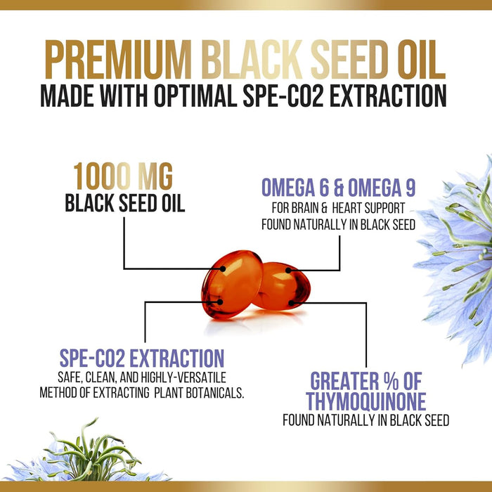 Black Seed Oil Softgels 1000mg - Premium Nigella Sativa Blackseed, Pure Natural Black Cumin Seed Oil & Antioxidant for Skin & Immune Support - Non GMO, Bottled in USA Supplement - 120 Softgels