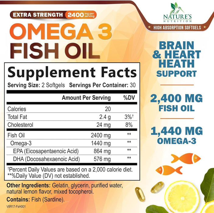 Omega 3 Fish Oil Supplement - Triple Strength Omega 3 Fish Oil Supplement with EPA & DHA - 1440 mg Omega-3 - Natural Support for Heart & Brain Health - Non-GMO, Lemon Flavor