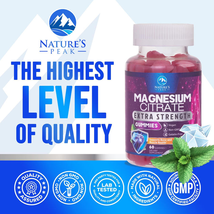 Magnesium Citrate Supplement Gummies - High Absorption Magnesium Gummy for Adults & Kids, Magnesio Citrate Supplements for Bone, Muscle Health, Heart Support, Vegan, Gluten Free, Non-GMO - 60 Gummies