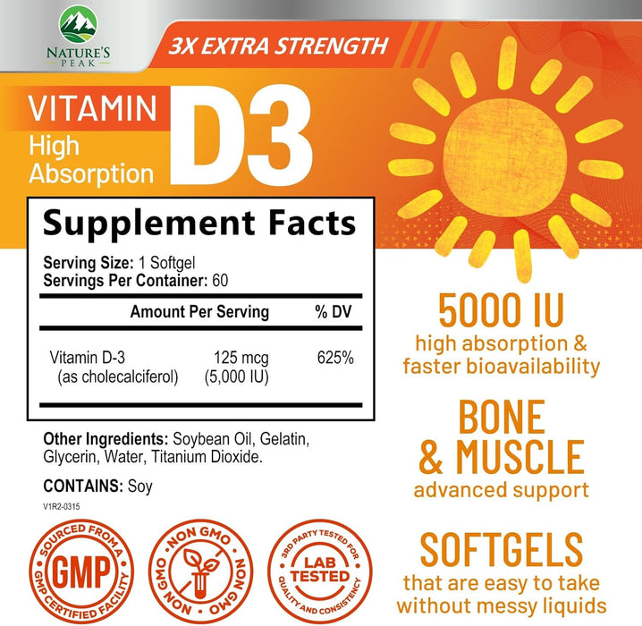 D Vitamin 5000 IU Vitamin D3 Softgels - High Potency D3 Vitamin for Bone Health, Muscle, & Immune Support - Extra Strength 125 mcg - Natures Non-GMO 5000iu D3 Supplement - 60 Softgels, 60 Day Supply