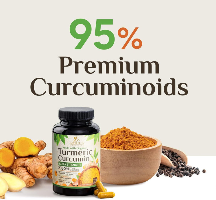 Turmeric Curcumin Supplement 1750mg with Organic Turmeric & Ginger, 95% Curcuminoids, BioPerine Black Pepper for Best Absorption, Nature's Vegan Joint Support, Non-GMO, Bottled in USA - 120 Capsules