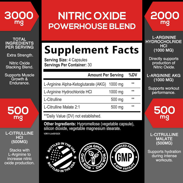 Extra Strength Nitric Oxide Supplement 3X Strength L Arginine, Citrulline Malate, AAKG, Beta Alanine - Premium Muscle Supporting Nitric Booster - Natural Energy & Heart Health Support - 120 Capsules