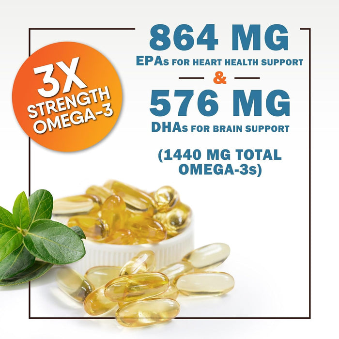 Omega 3 Fish Oil Supplement - Triple Strength Omega 3 Fish Oil Supplement with EPA & DHA - 1440 mg Omega-3 - Natural Support for Heart & Brain Health - Non-GMO, Lemon Flavor