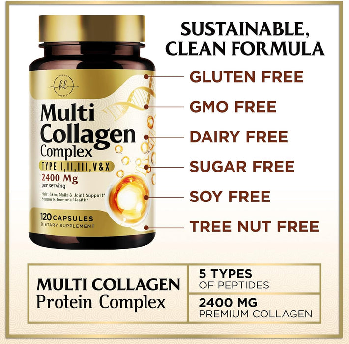 Collagen Peptides for Women & Men - Type I, II, III, V, X Multi Collagen, Hydrolyzed Collagen Supplement Supports Hair, Nail, Skin, Bone and Joint Health with Vital Nutrients & Proteins