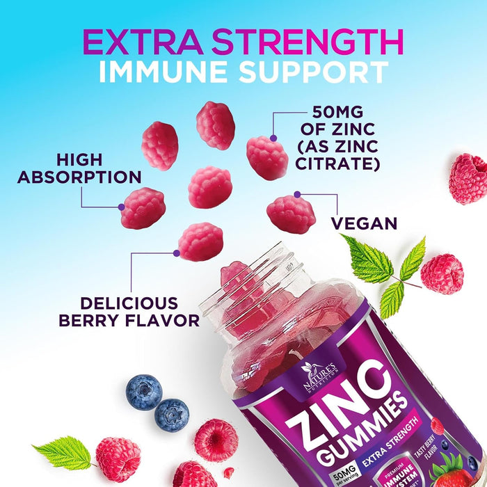 Zinc Gummies - 50mg - Extra Strength Immune Health Support Gummy & Antioxidant Supplement, Dietary Supplement Zinc Vitamin, Vegan, Non-GMO and Gluten Free Formula, Berry Flavor
