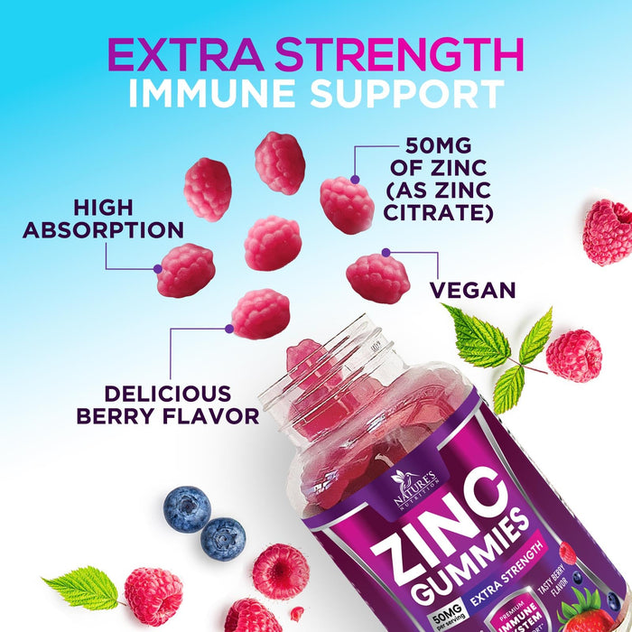 Zinc Gummies 50mg - Bone Skin & Immune Support Health Gummy & Premium Antioxidant Chewable for Adults - High Absorption Vegan, Gluten Free Zinc Supplements Vitamin - Tasty Berry Flavor - 120 Gummies