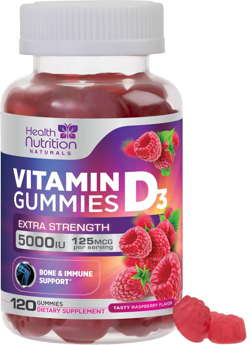Vitamin D3 Gummies 5000 IU (125 mcg) - Extra Strength Immune Support, Bone, Teeth and Muscle Vitamin D Gummy Dietary Supplement, Nature's Berry D Vitamin Supplement, Raspberry, Non-GMO - 120 Gummies