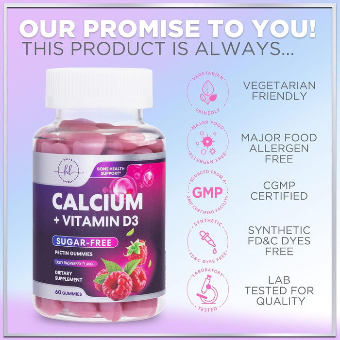 Calcium Supplement Gummy for Women & Men - Sugar Free Calcium with Vitamin D3, Bone Health & Immune Support, Supports Teeth & Bone Strength, Vitamin Calcium Chews, Non-GMO - 60 Gummies