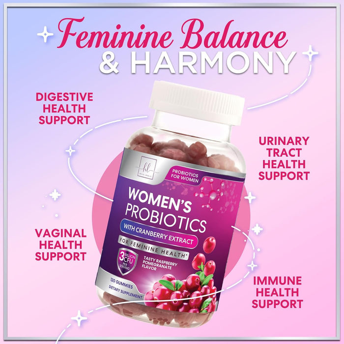 Probiotics for Women Gummies with Cranberry - 6 Premium Strains for PH Balance, Digestive Health, Vaginal & Immune Support, 3 Billion CFU, Women's Probiotic Gummy for Feminine Health - 120 Gummies