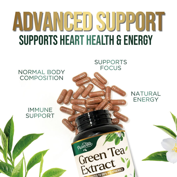 Green Tea Extract Capsules 1000mg with 98% Standardized Polyphenols & 45% EGCG for Heart Support with Antioxidants - 3X Absorption Green Tea Pills for Natural Energy, Gentle Caffeine - 120 Capsules