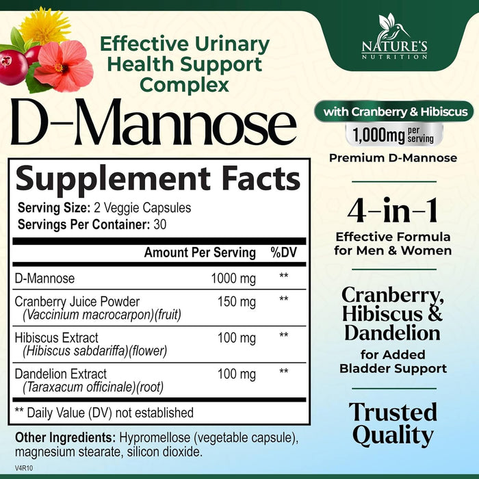 D-Mannose & Cranberry Extract 1350mg Advanced Formula, Fast-Acting Natural Urinary Tract Health Support for Women & Men, Flush Impurities in Urinary Tract & Bladder, Non-GMO, Vegan