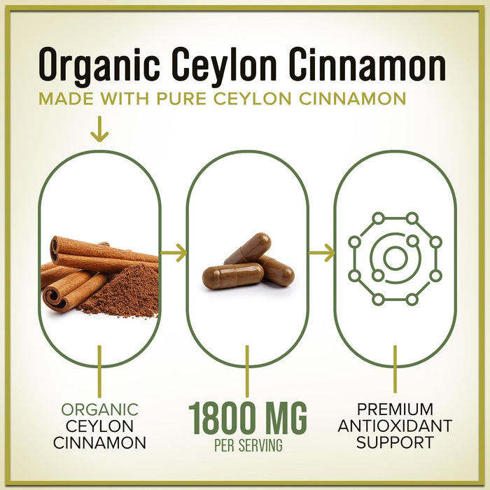 Ceylon Cinnamon Capsules Supplement 1800mg - Certified Organic Ceylon Cinnamon Powder Pills - Energy & Heart Support for Women & Men, Bottled in USA, Antioxidant, Gluten Free, Non-GMO - 120 Capsules
