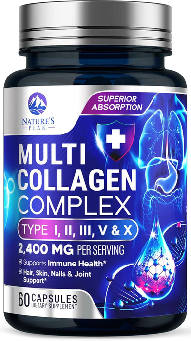 Collagen Peptides for Women & Men - Hydrolyzed Collagen Supplement for Hair, Nail, Skin, Bone and Joint Support, Type I, II, III, V, X, Grass Fed Collagen Powder Pills, Non-GMO