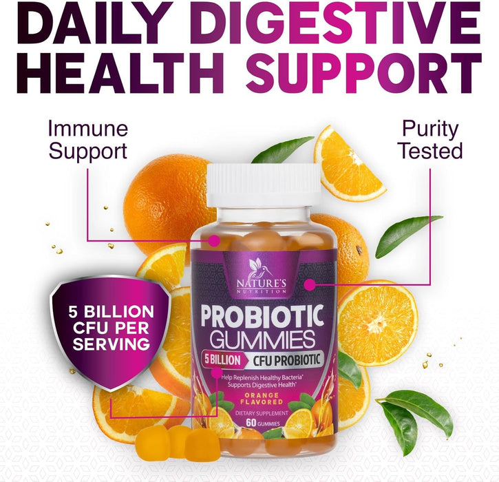 Nature's Nutrition Probiotics for Women & Men Gummy, Extra Strength 5 Billion CFU, Lactobacillus Acidophilus Daily Probiotic Supplement, Supports Immune & Digestive Health, Orange Flavor