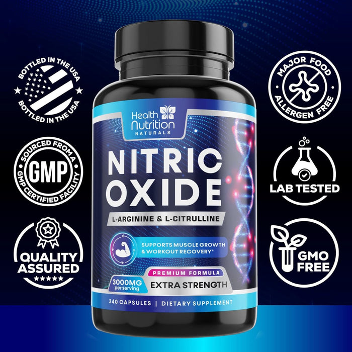 Health Nutrition Naturals HNN - Extra Strength Nitric Oxide Supplement L Arginine 3X Strength - Citrulline Malate, AAKG, Beta Alanine - Premium Muscle Support