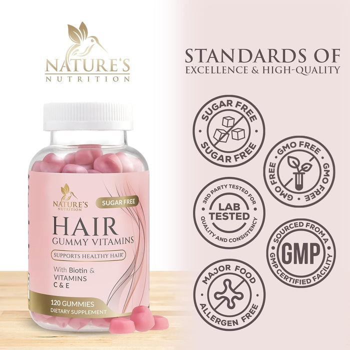Hair Gummy Vitamins, Sugar Free with Biotin 5000 mcg, Vitamin A, B12, C, D, E, Folic Acid, Supports Hair Growth, Vegetarian Friendly, for Strong, Beautiful Hair and Nails, Non-GMO - 60 Gummies