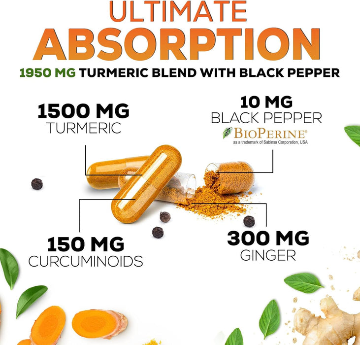 Turmeric Curcumin with BioPerine & Ginger 95% Standardized Curcuminoids 1950mg Black Pepper for Max Absorption Joint Support, Nature's Tumeric Herbal Extract Supplement, Vegan, Non-GMO