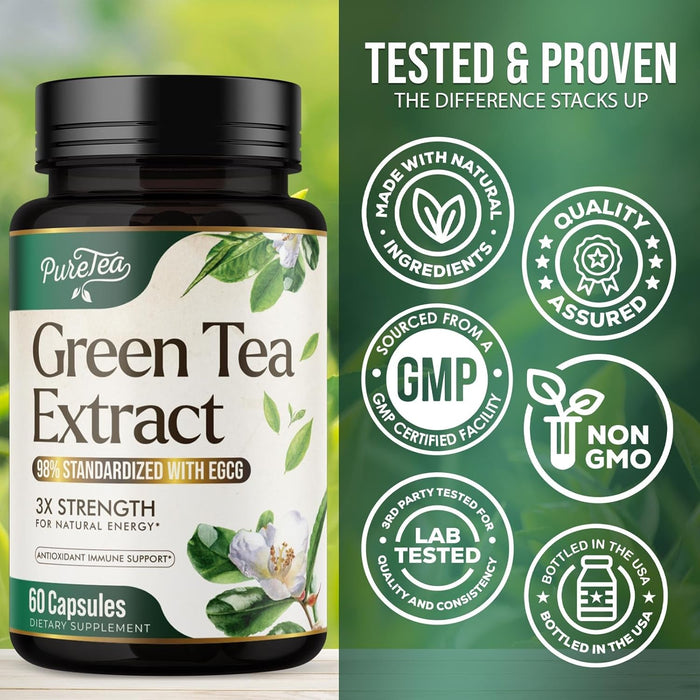 PureTea Green Tea Extract Pills 1000mg with EGCG - 98% Standardized Polyphenols - 3X Absorption Green Tea Capsules for Natural Energy - Heart Support with Antioxidants, Gentle Caffeine