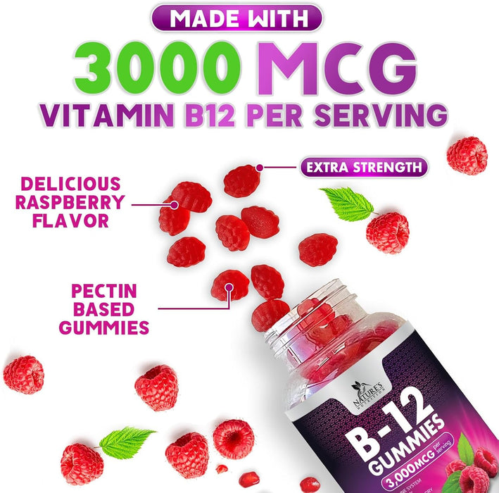 Vitamin B12 Gummies 3000 mcg, Extra Strength B 12 Gummy for Adults and Kids, B-12 Energy & Immune System Support Vitamins, Dietary Supplement, Raspberry Flavored