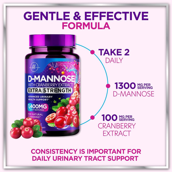 Organic D Mannose 1300mg per Serving Supplements - Extra Strength D-Mannose Capsules with Cranberry - for Natural Gentle Cleansing & Urinary Tract Health Support - Bottled in USA - 60 Capsules