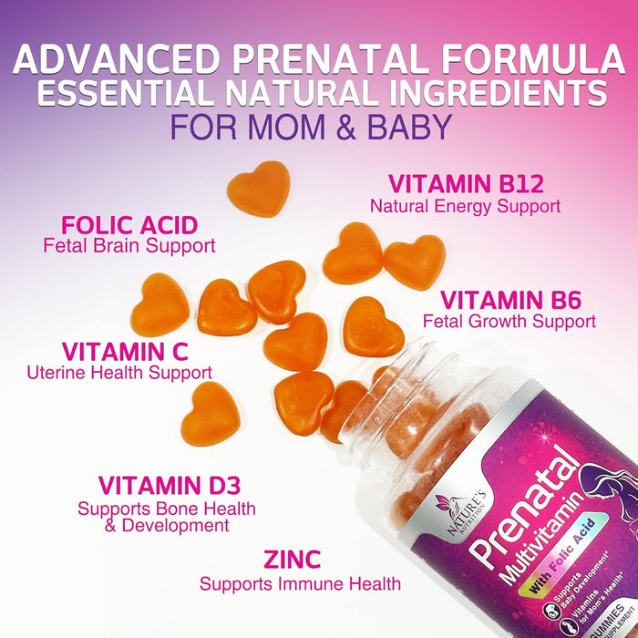 Nature's Nutrition Prenatal Multivitamin Gummy with Folic Acid, Prenatal Vitamins w/Folate, Choline, Vitamin A, C, D3, B12 & B6, Before, During & After Pregnancy Vitamins for Women