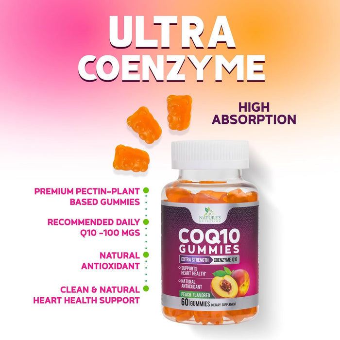 Nature's Nutrition CoQ10 Gummies 100mg – High Absorption Coenzyme Q10 Supplement for Heart Health, Energy & Antioxidant Support – Peach Flavor Gummy, Vegan, Non-GMO, Gluten Free – 60 Count
