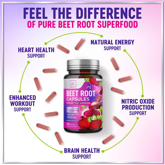Organic Beet Root Capsules 1300mg - Extra Strength Beetroot Powder Supplement - Supports Blood Pressure, Athletic Performance & Immune System, Non-GMO, Gluten Free - Bottled in the USA - 120 Capsules