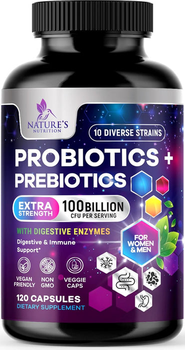 Probiotics for Women & Men 100 Billion CFU - 10 Strains with Lactobacillus, Digestive Gut Health Probiotics & Immune Support Supplement, Supports Occasional Constipation, Gas & Bloating - 120 Capsules