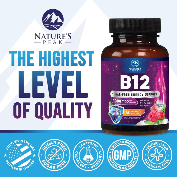 Vitamin B12 1000 mcg (Methylcobalamin) Super B 12 Complex Dietary Supplement For Energy & Immune Support, Vegan, Sugar-Free, Sublingual, Tasty Raspberry Flavor - 120 Chewable Tablets