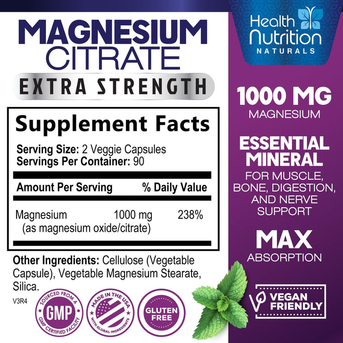 Magnesium Citrate Capsules 1000mg - Max Absorption Magnesium Powder for Muscle, Nerve, Bone and Heart Health Support, High Absorption Citrate Complex, Gluten Free, Non-GMO - 180 Capsules