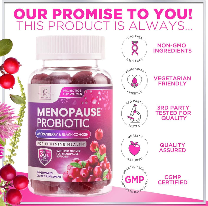 Menopause Probiotics for Women Gummy with Cranberry, 3 Billion CFU, Natural Menopause Relief for Weight Loss, Hot Flashes, Night Sweats, Mood Swings, Immune Support, Probiotic Supplement - 60 Gummies