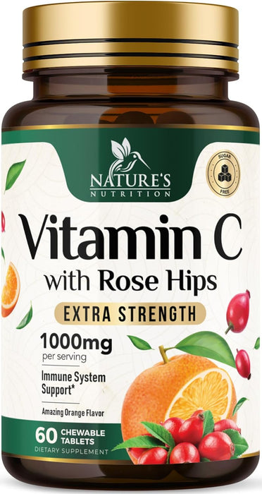 Chewable Vitamin C 1000 mg - Extra Strength Antioxidants for Powerful Immune Support with Vitamin C & Rose Hips - Potent Dietary Vitamin Supplement - Natural, Vegan, Gluten-Free, Non-GMO