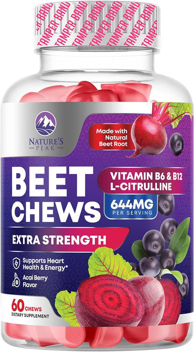 Beet Chews - Soft Beet Root Chewables with Grape Seed Extract Supports Heart Health & Energy with Powerful Antioxidants - Beetroot Nitric Oxide Supplement, Acai Berry Flavor - 60 Vegan Soft Chews