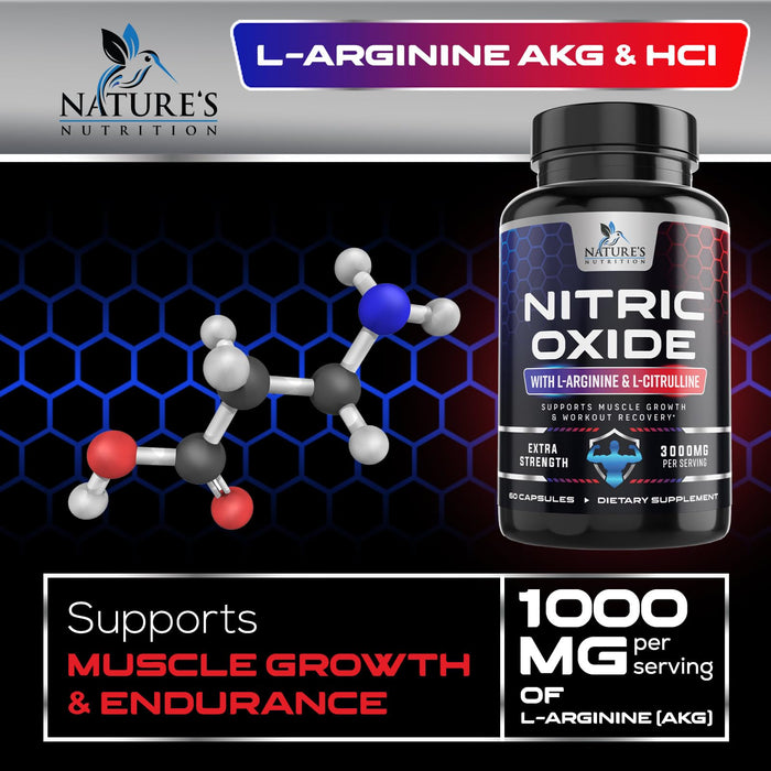 Nitric Oxide Formula with L-Arginine + Citrulline – 3000mg – 60 Capsules