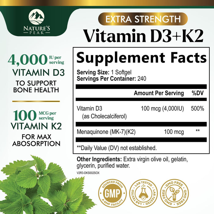 Vitamin D3 + K2 (MK-7) – 5000 IU D3 + 100mcg K2 – 240 Count