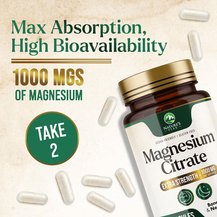 Magnesium Supplement 1000mg - Extra Strength Magnesium Complex for Muscle, Nerve, Bone & Heart Health Support - High Absorption Magnesium Citrate 500mg Capsules