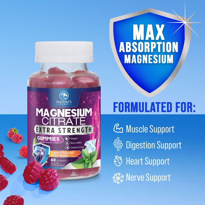 Magnesium Citrate Supplement Gummies - High Absorption Magnesium Gummy for Adults & Kids, Magnesio Citrate Supplements for Bone, Muscle Health, Heart Support, Vegan, Gluten Free, Non-GMO - 60 Gummies
