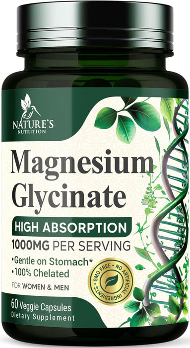 Magnesium Glycinate Supplement 1000mg - Chelated Magnesium Glycinate for Heart, Nerves, Bone and Muscles Support, High Absorption Magnesium Supplement for Men and Women, Vegan, Non-GMO