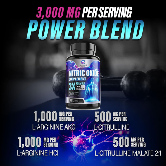 Nitric Oxide Formula with L-Arginine + Citrulline – 3000mg – 60 Capsules