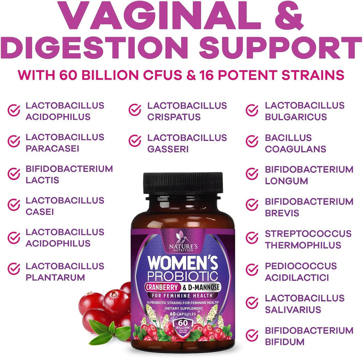 Probiotics for Women 60 Billion CFU - 16 Strains, Prebiotics & Cranberry, PH Balance, Digestive Health, Vaginal & Immune Support, Womens Probiotic for Gut Health, Shelf Stable - 60 Capsules